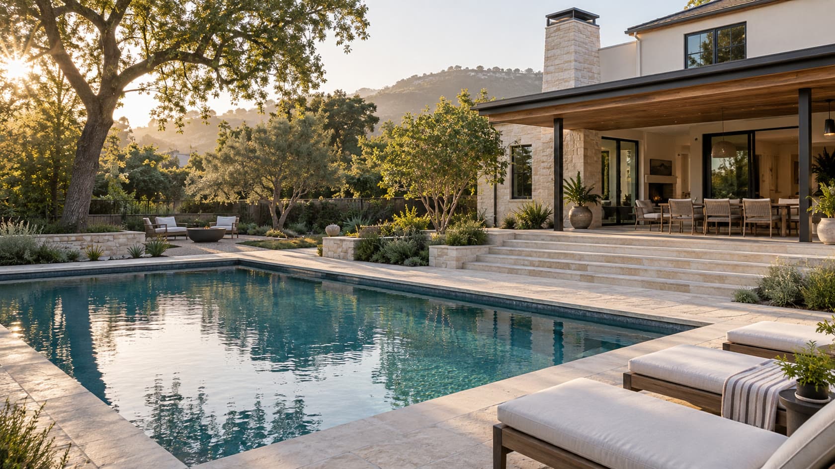 Residential swimming pool integrated with a modern home, terrace, and mature landscape